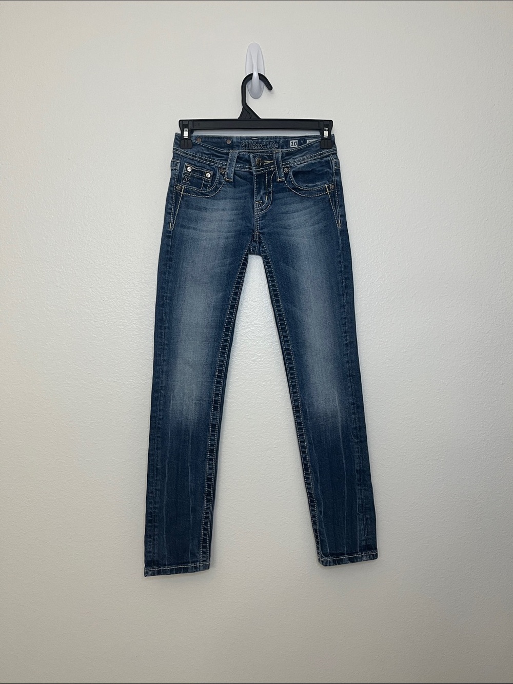 Miss Me Girls Skinny Boot Cut Size 10 FLEUR DE LIS  THICK STITCH WHISKERING